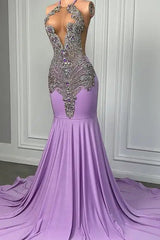 Long Lilac Sleeveless Halter Mermaid Prom Dress With Beadings-Dbrbridal