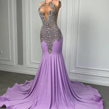 Long Lilac Sleeveless Halter Mermaid Prom Dress With Beadings-Dbrbridal