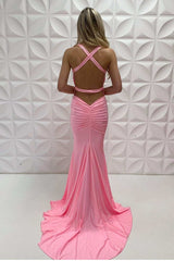 Long Pink V-Neck Sleeveless Mermaid Prom Dress-Dbrbridal