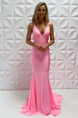 Long Pink V-Neck Sleeveless Mermaid Prom Dress-Dbrbridal