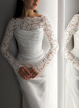 Long Sleeve Silk Like Satin Wedding Dresses Lace-Dbrbridal
