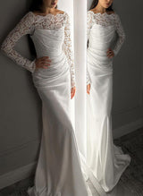 Long Sleeve Silk Like Satin Wedding Dresses Lace-Dbrbridal