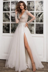 Long Sleeves A-Line V-Neck Tulle Wedding Dress with Split-Dbrbridal