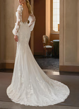 Long Sleeves Court Train Elastic Satin Wedding Dresses Mermaid Fitted Illusion Neck-Dbrbridal