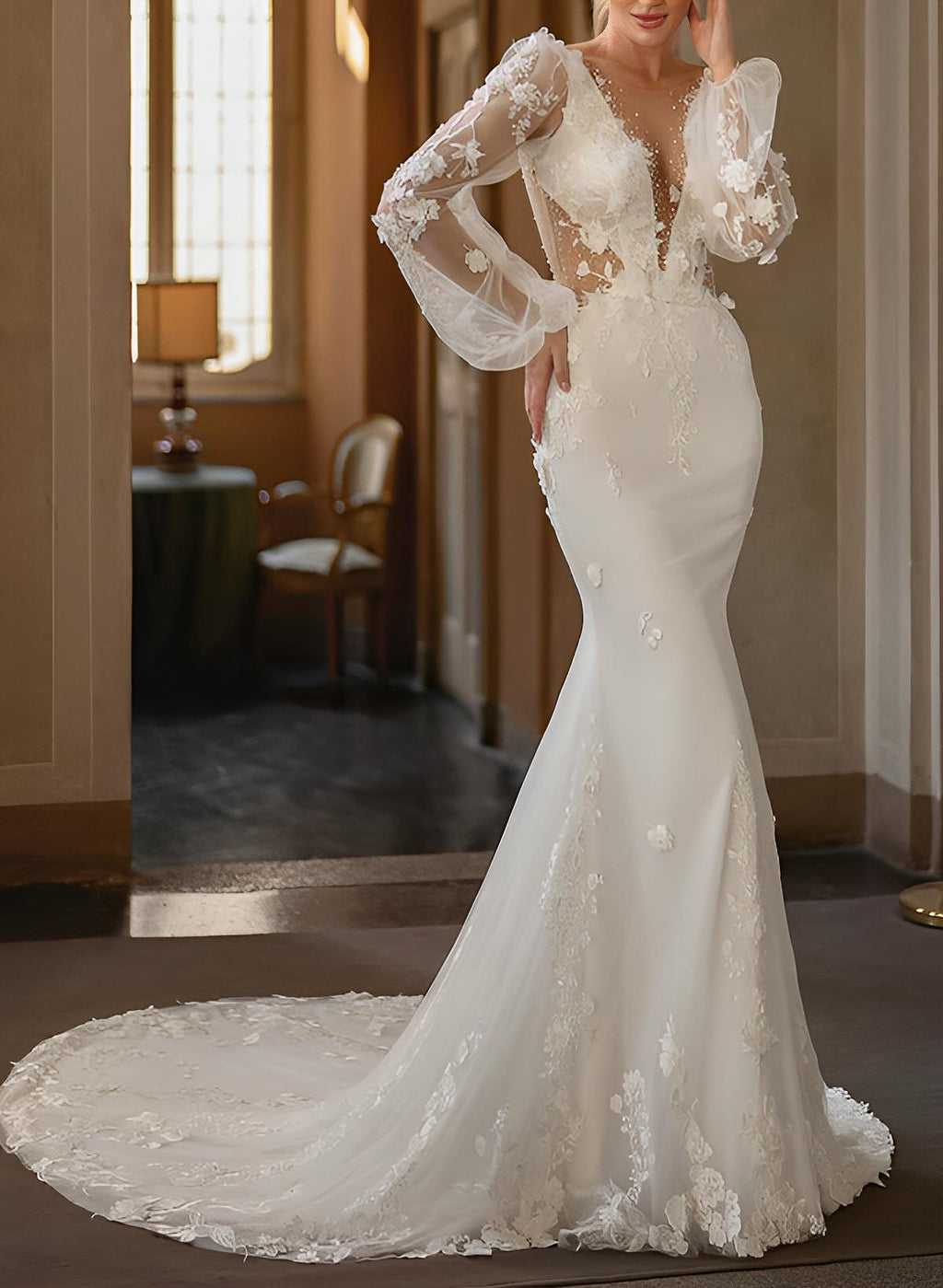Long Sleeves Court Train Elastic Satin Wedding Dresses Mermaid Fitted Dbrbridal Long Sleeves Court Train Elastic Satin Wedding Dresses Mermaid Fitted Dbrbridal