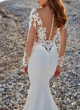 Long Sleeves Court Train Lace Elastic Satin Wedding Dresses Appliques Lace-Dbrbridal