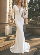 Long Sleeves Lace Elastic Satin Wedding Dresses Mermaid Fitted-Dbrbridal
