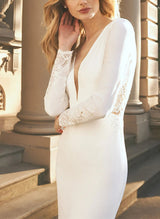 Long Sleeves Lace Elastic Satin Wedding Dresses Mermaid Fitted-Dbrbridal