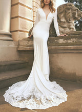 Long Sleeves Lace Elastic Satin Wedding Dresses Mermaid Fitted-Dbrbridal