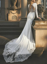 Long Sleeves Lace Elastic Satin Wedding Dresses Mermaid Fitted-Dbrbridal