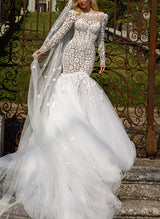 Long Sleeves Lace Wedding Dress Back Hole-Dbrbridal