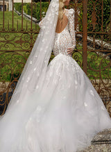 Long Sleeves Lace Wedding Dress Back Hole-Dbrbridal