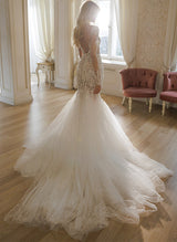 Long Sleeves Mermaid Fitted Wedding Dress Lace Tulle Sweep Train-Dbrbridal