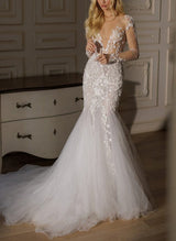 Long Sleeves Mermaid Fitted Wedding Dress Lace Tulle Sweep Train-Dbrbridal
