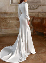 Long Sleeves Silk Like Satin Wedding Dresses Split Front-Dbrbridal