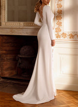 Long Sleeves Sweep Train Elastic Satin Mermaid Fitted Wedding Dresses-Dbrbridal