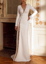 Long Sleeves Sweep Train Elastic Satin Mermaid Fitted Wedding Dresses-Dbrbridal