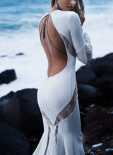 Long Sleeves Sweep Train Elastic Satin Wedding Dresses Lace-Dbrbridal