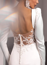 Long Sleeves Sweep Train Lace Satin Wedding Dresses Scoop Neck-Dbrbridal