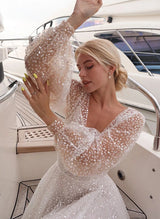 Long Sleeves V-Neck Sequin Sweep Train Wedding Dresses-Dbrbridal