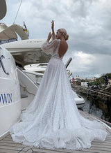 Long Sleeves V-Neck Sequin Sweep Train Wedding Dresses-Dbrbridal