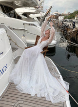 Long Sleeves V-Neck Sequin Sweep Train Wedding Dresses-Dbrbridal