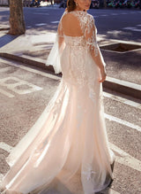 Long Sleeves V-Neck Sheath Fitted Wedding Dresses Back Hole-Dbrbridal