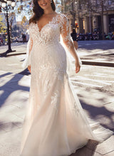 Long Sleeves V-Neck Sheath Fitted Wedding Dresses Back Hole-Dbrbridal