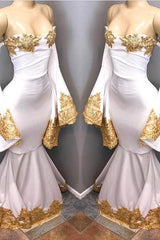 Long Sleevess Formal Dresses with gold appliques, mermaid Evening Party Gowns-Dbrbridal