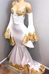Long Sleevess Formal Dresses with gold appliques, mermaid Evening Party Gowns-Dbrbridal