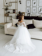 Lovely Long Sleeves White Flower Girl Dress Tulle Lace Appliques-Dbrbridal