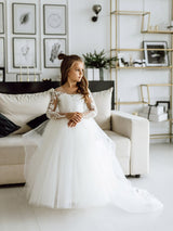 Lovely Long Sleeves White Flower Girl Dress Tulle Lace Appliques-Dbrbridal