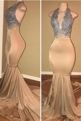 Luxurious Halter Sleeveless Lace Applique Mermaid Prom Dresses-Dbrbridal