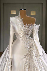 Luxurious Long Sleeves Pearls Overskirt Wedding Dress Online-Dbrbridal