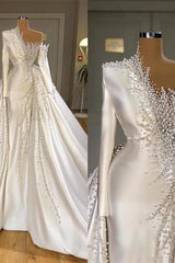 Luxurious Long Sleeves Pearls Overskirt Wedding Dress Online-Dbrbridal