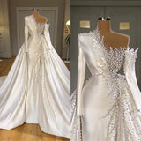 Luxurious Pearls Overskirt Wedding Dress On Sale Long Sleeve-Dbrbridal