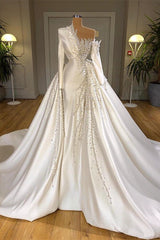 Luxurious Pearls Overskirt Wedding Dress On Sale Long Sleeve-Dbrbridal