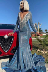 Luxurious Sequins Long Sleeves Mermaid Sheer Neckline Prom Dresses-Dbrbridal
