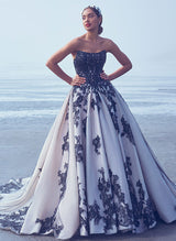 Luxury Ball-Gown Strapless Black Wedding Dress Lace Tulle Appliques-Dbrbridal