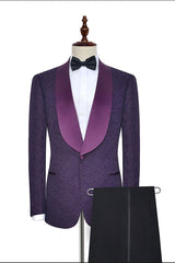 Luxury Dark Purple One Button Wedding Tuxedos Silk Shawl Lapel Jacquard Prom Suits-Dbrbridal