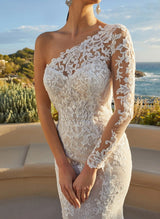 Luxury Lace One-Shoulder Long Sleeves Mermaid Fitted Wedding Dresses-Dbrbridal