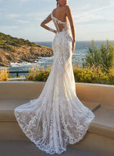 Luxury Lace One-Shoulder Long Sleeves Mermaid Fitted Wedding Dresses-Dbrbridal