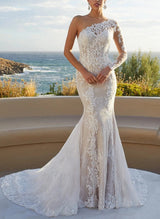 Luxury Lace One-Shoulder Long Sleeves Mermaid Fitted Wedding Dresses-Dbrbridal