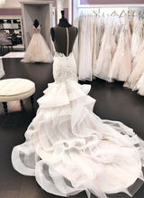 Luxury Lace Tulle Wedding Dresses Cascading Ruffles Illusion Neck Mermaid Fitted-Dbrbridal