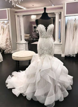 Luxury Lace Tulle Wedding Dresses Cascading Ruffles Illusion Neck Mermaid Fitted-Dbrbridal