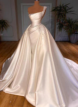 Luxury Satin Wedding Dresses Beaded One-Shoulder Mermaid Fitted-Dbrbridal