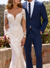 Luxury V-Neck Long Sleeve Wedding Dresses Appliques Lace-Dbrbridal