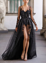 Luxury V-neck Long Sleeves Sexy Chic A-line Lace Tulle Black Wedding Dress Front Split-Dbrbridal