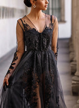 Luxury V-neck Long Sleeves Sexy Chic A-line Lace Tulle Black Wedding Dress Front Split-Dbrbridal