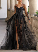 Luxury V-neck Long Sleeves Sexy Chic A-line Lace Tulle Black Wedding Dress Front Split-Dbrbridal